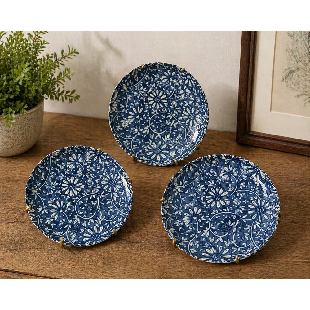 Vintage Japanese Style Blue White Porcelain Wall Plates Set 3 Floral Decor